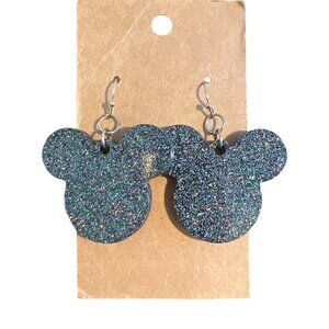 Black Glitter Resin Mickey Mouse Head Earrings Dangle Hooks 1.75" New on Card